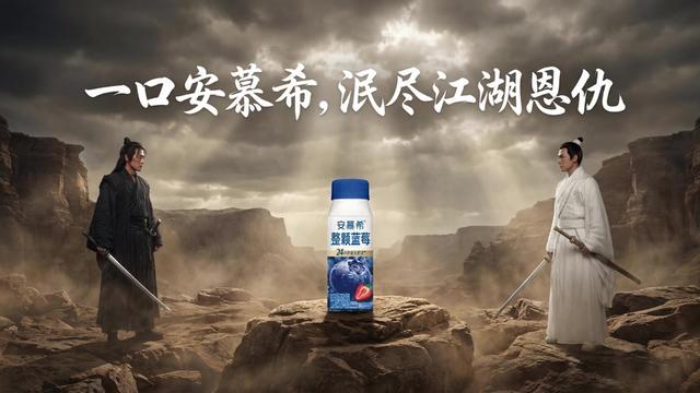 一口安慕希_泯尽江湖恩仇__耗时打磨的邵氏武侠风安慕希创意广告成片来了_全程_AI_制作_从分镜脚本_画面生成到定制_BGM_精准还原邵氏兄弟经典武侠美学_高饱和特艺彩胶片质感_快慢交错的武打编排_把